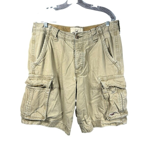 Hollister Cargo Shorts Mens 33 Khaki Button Fly Grunge Y2K Style Distressed - Picture 1 of 12